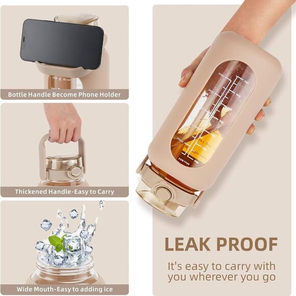 64oz Glass Water Bottle with Straw and Handle Lid Half Gallon Motivational Glass - Picture 3 of 6